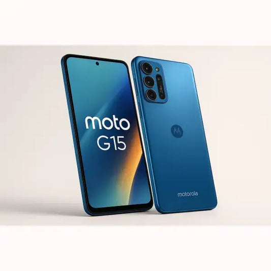 Motorola Moto G15 smartphone blu vista anteriore con foro selfie e posteriore con fotocamere multiple
