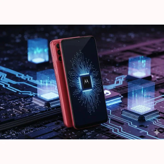 Smartphone Motorola in rosso con design elegante e tecnologia avanzata su sfondo tecnologico