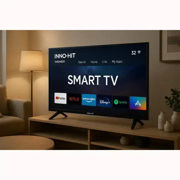 INNO-HIT Smart TV da 32 pollici su mobile in legno in soggiorno con app Netflix YouTube Prime Video Disney Plus