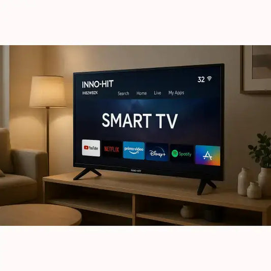 INNO-HIT Smart TV da 32 pollici su mobile in legno in soggiorno con app Netflix YouTube Prime Video Disney Plus