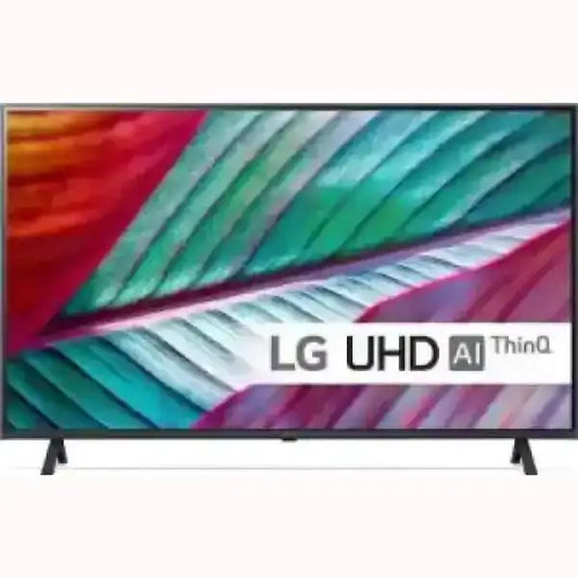 Televisore LG UHD AI ThinQ con schermo a cornice sottile, piedini a V e immagine dai colori vivaci
