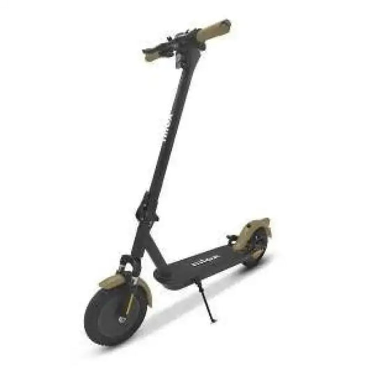 Monopattino elettrico Nilox nero con manubrio marrone e supporto per la sosta