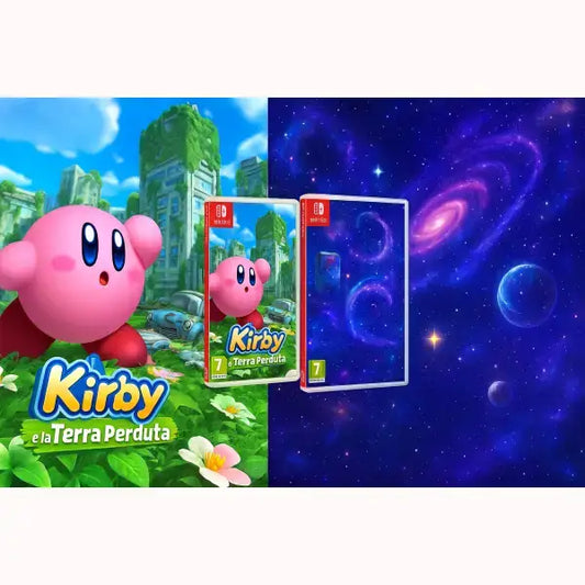 Copertina e confezione del gioco Nintendo Switch 2 Kirby e la Terra Perduta con protagonista Kirby in mondo verde e spazio