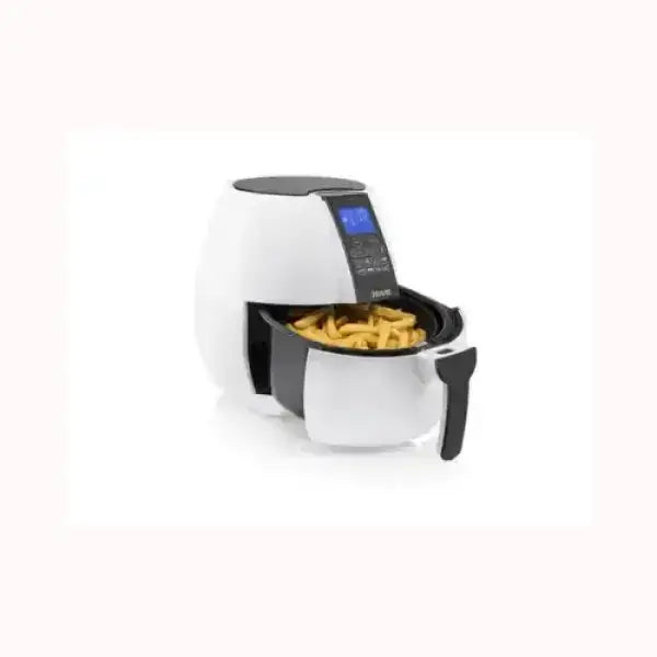 Friggitrice ad aria Princess bianca con cassetto aperto e patatine fritte dorate