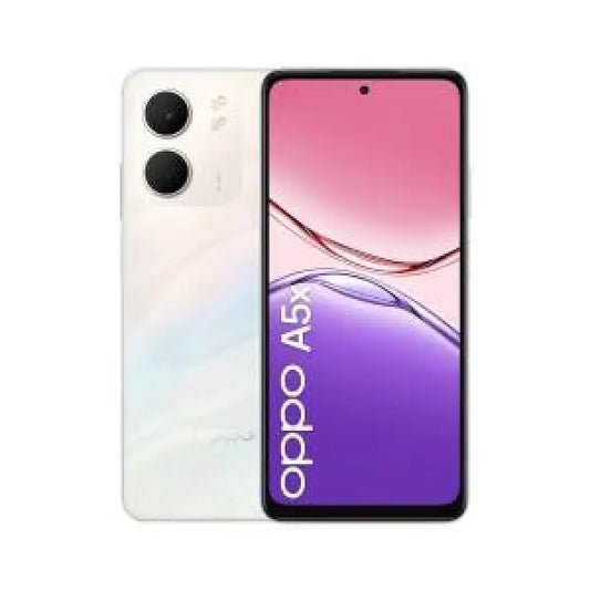 Smartphone OPPO A5x bianco con doppia fotocamera posteriore e schermo frontale ampio e colorato
