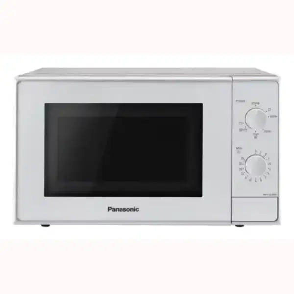 Microonde Panasonic bianco con manopole di controllo e sportello con finestra nera