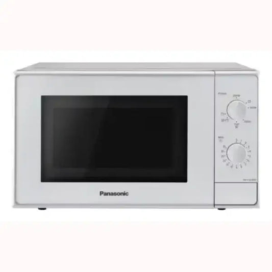 Microonde Panasonic bianco con manopole di controllo e sportello con finestra nera