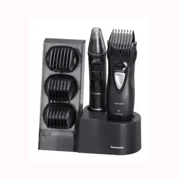 Tondeuse à barbe Panasonic noire avec accessoires et station de charge pour soins personnels