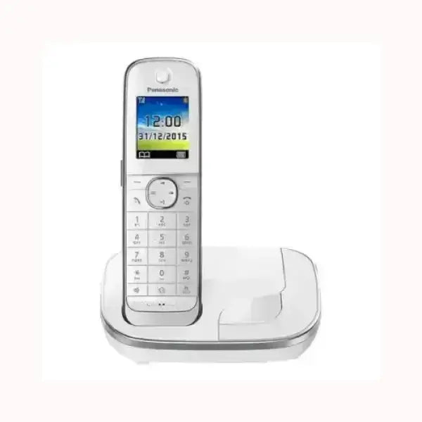 telefono DECT Panasonic cordless bianco con display a colori e base di ricarica ergonomica per casa e ufficio