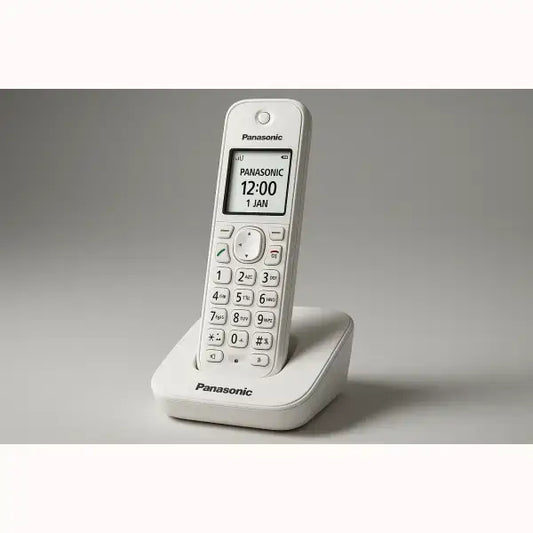 telefono DECT Panasonic cordless bianco con base di ricarica display LCD e tasti numerici grandi