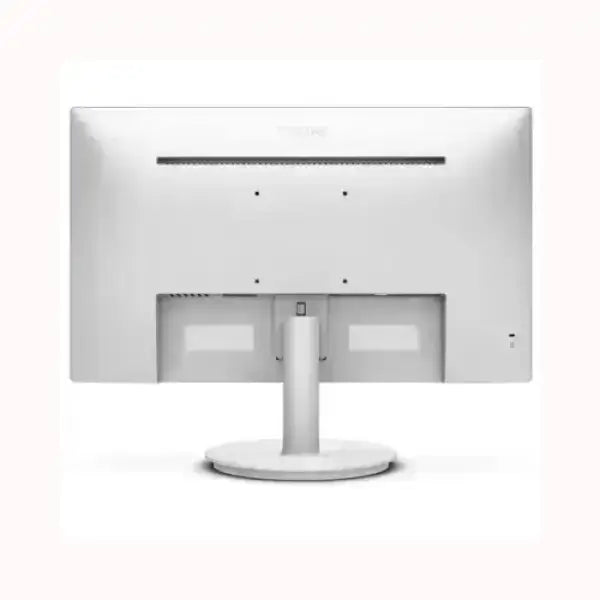 Monitor bianco PHILIPS visto dalla parte posteriore con supporto rotondo e design minimalista