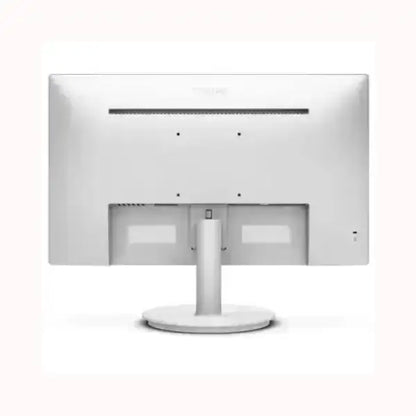 Monitor bianco PHILIPS visto dalla parte posteriore con supporto rotondo e design minimalista