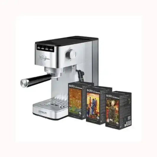 Macchina da caffè POLTI in acciaio con tre confezioni di caffè assortito accanto