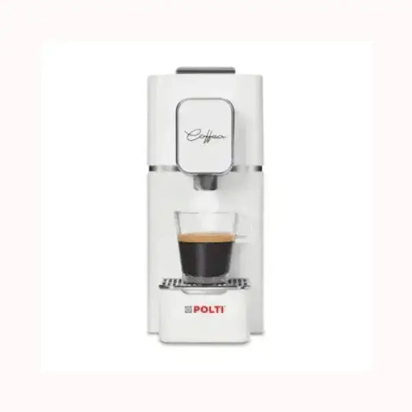 Macchina da caffè POLTI REVOLUTION bianca con tazza di caffè espresso trasparente