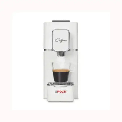 Macchina da caffè POLTI REVOLUTION bianca con tazza di caffè espresso trasparente