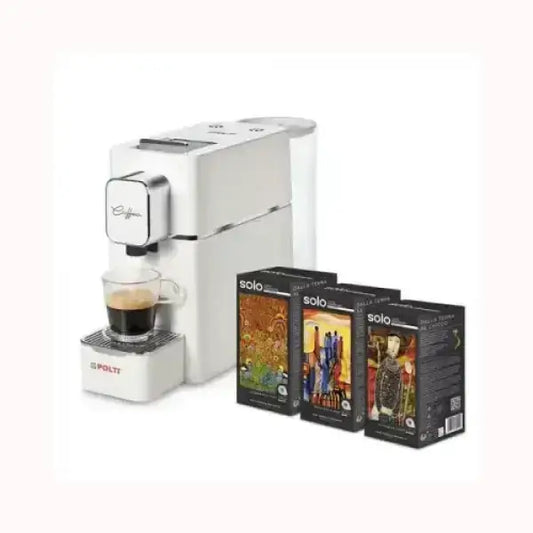 Macchina da caffè POLTI REVOLUTION bianca con tazza di caffè e confezioni di capsule assortite