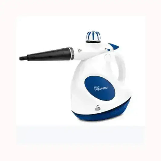 Aspirapolvere POLTI Vaporetto bianco e blu con design compatto e beccuccio lungo per pulizia a vapore