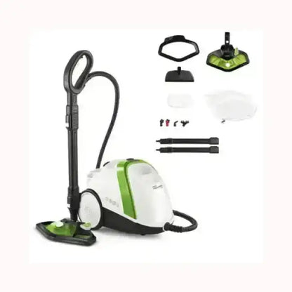 Aspirapolvere Polti bianco e verde con accessori multipli per pulizia versatile
