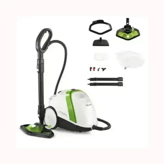 Aspirapolvere Polti bianco e verde con accessori multipli per pulizia versatile