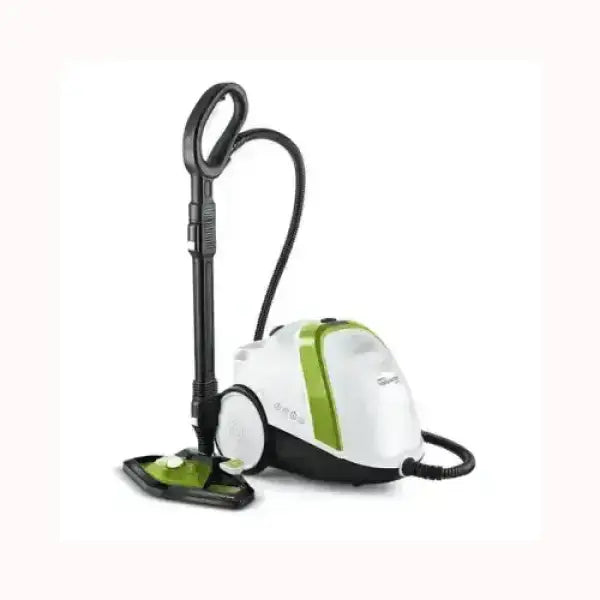 Aspirapolvere Polti bianco e verde con tubo flessibile e spazzola rettangolare per pulizia efficace