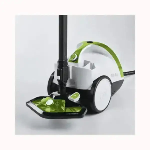 Aspirapolvere Polti compatto bianco e verde con tubo flessibile e ruote grandi per facile movimento