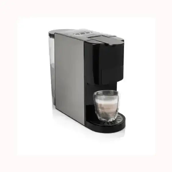 Macchina da caffè PRINCESS compatta nera e argento con tazza di caffè trasparente