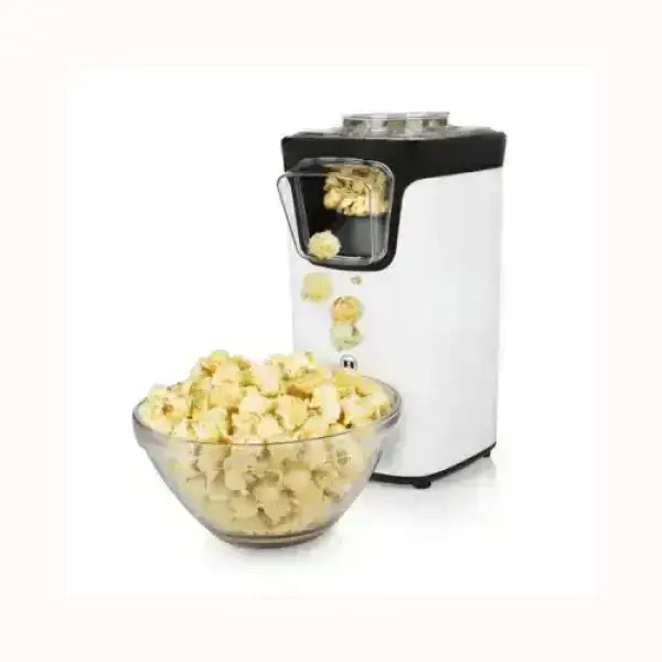 Popcorn maker Princess bianco con uscita popcorn e ciotola trasparente piena di popcorn soffici