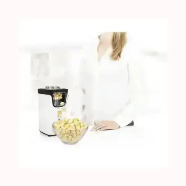 Macchina per popcorn Princess bianca e nera con ciotola trasparente piena di popcorn freschi