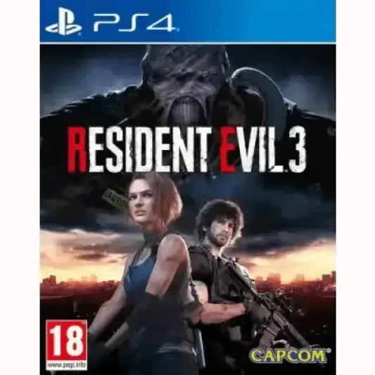 Copertina gioco Resident Evil 3 per PS4 di Capcom con personaggi principali e paesaggio urbano al tramonto