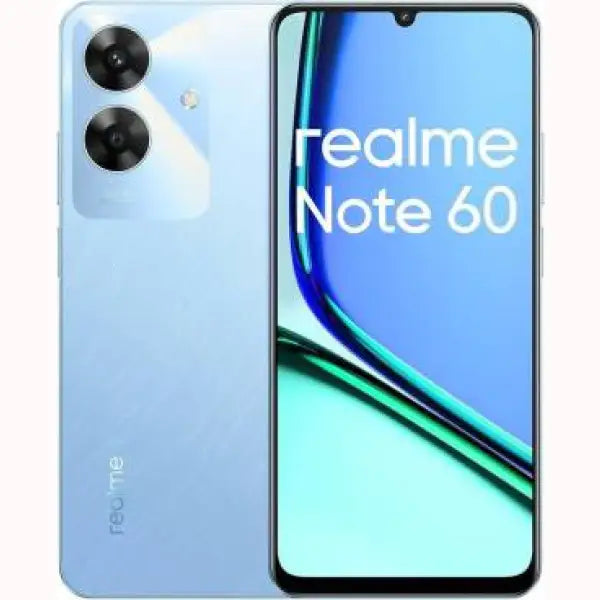 Smartphone Realme Note 60 colore azzurro con doppia fotocamera posteriore e schermo senza bordi