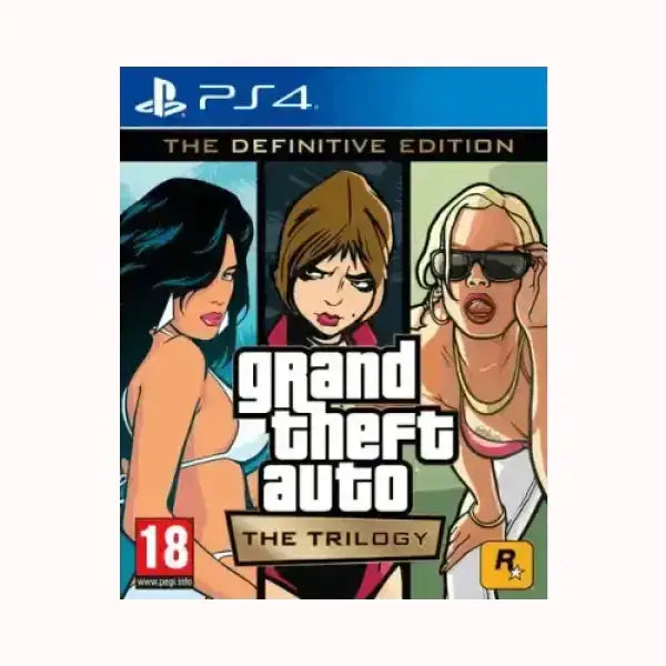 Copertina PlayStation 4 di Grand Theft Auto The Trilogy con logo ROCKSTAR e personaggi femminili in primo piano