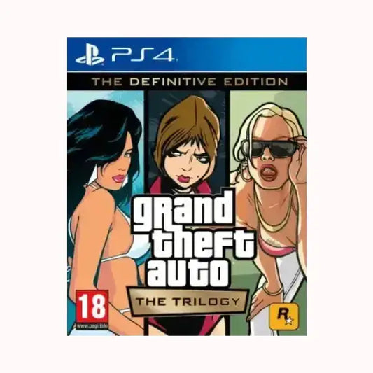 Copertina PlayStation 4 di Grand Theft Auto The Trilogy con logo ROCKSTAR e personaggi femminili in primo piano