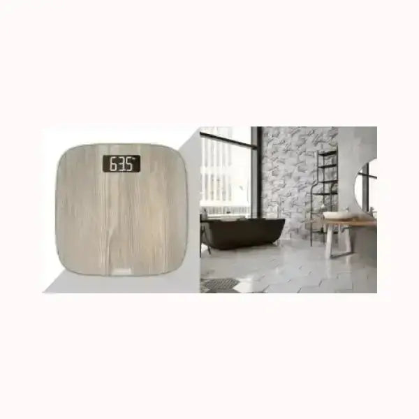 Pesa persone ROWENTA con design effetto legno e display digitale chiaro in bagno moderno