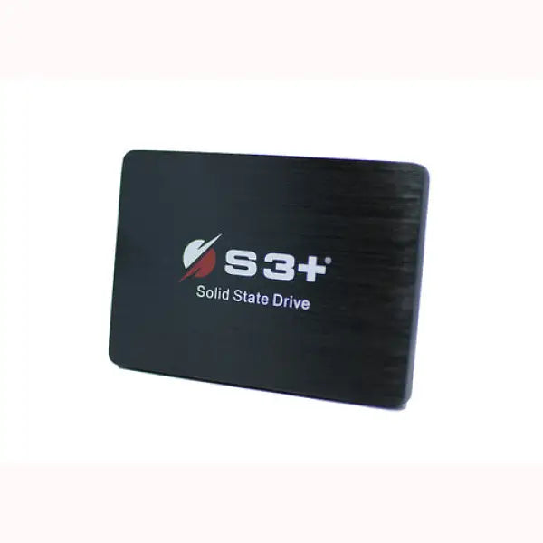 SSD S3+ disco rigido solido in nero con logo bianco e rosso su superficie liscia