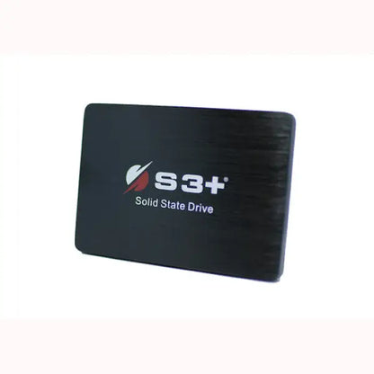 SSD S3+ disco rigido solido in nero con logo bianco e rosso su superficie liscia