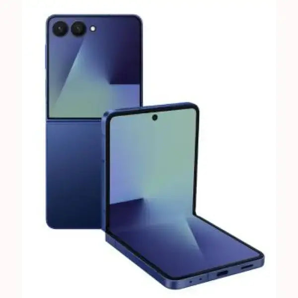 Smartphone Samsung SM-F766B pieghevole blu vista anteriore e posteriore con doppia fotocamera e display a libro