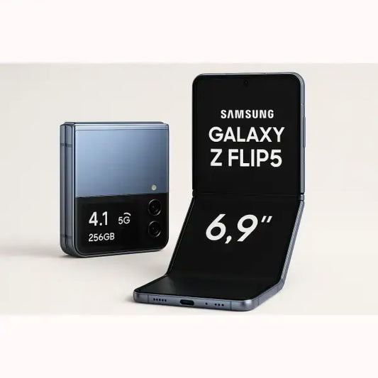 Samsung Galaxy Z Flip5 SM-F766B smartphone pieghevole blu mostrato aperto e chiuso display 6,9 pollici doppia fotocamera 256GB