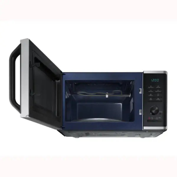Samsung Forno Microonde con porta aperta interno blu e pannello di controllo digitale nero