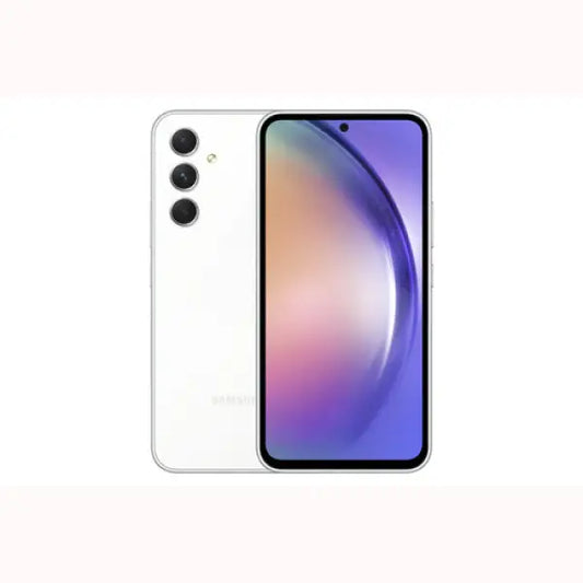 Smartphone Samsung Galaxy A54 bianco con tripla fotocamera posteriore e display senza bordi