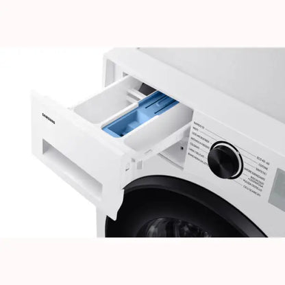Lavatrice Samsung bianca con cassetto detersivo aperto e manopola di selezione cicli