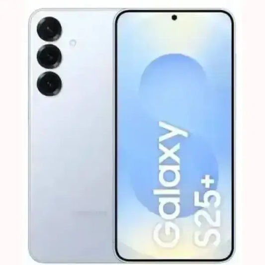 Smartphone Samsung S25+ in colore chiaro con tripla fotocamera posteriore e display frontale ampio