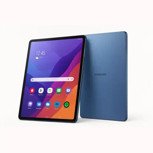 Tablet Samsung blu con schermo ampio bordi sottili interfaccia Android e design sottile