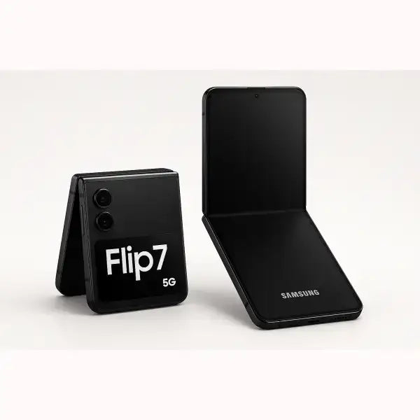 Smartphone pieghevole Samsung SM-F766B Flip7 nero mostrato aperto e piegato con doppia fotocamera 5G