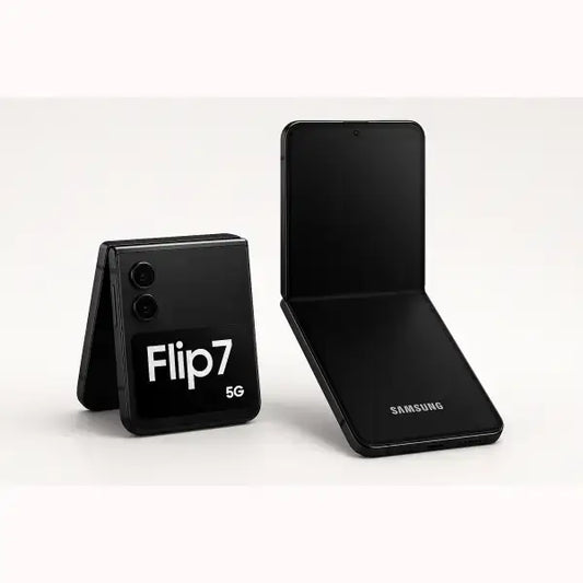 Smartphone pieghevole Samsung SM-F766B Flip7 nero mostrato aperto e piegato con doppia fotocamera 5G