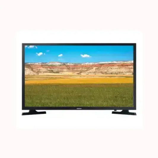 Samsung televisore LED 32 pollici con cornice nera e piedini a V, immagine paesaggio nitida per salotto