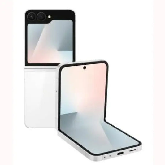 Smartphone Samsung pieghevole bianco con doppia fotocamera e schermo flessibile aperto e chiuso
