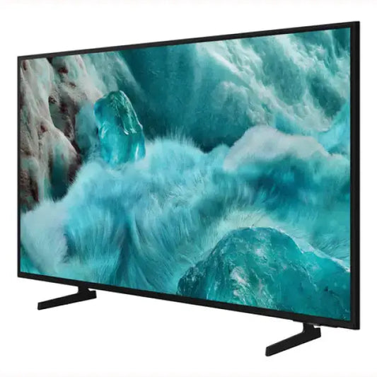samsung tv schermo piatto con cornice nera e piedini display con immagine di acqua e ghiaccio turchese