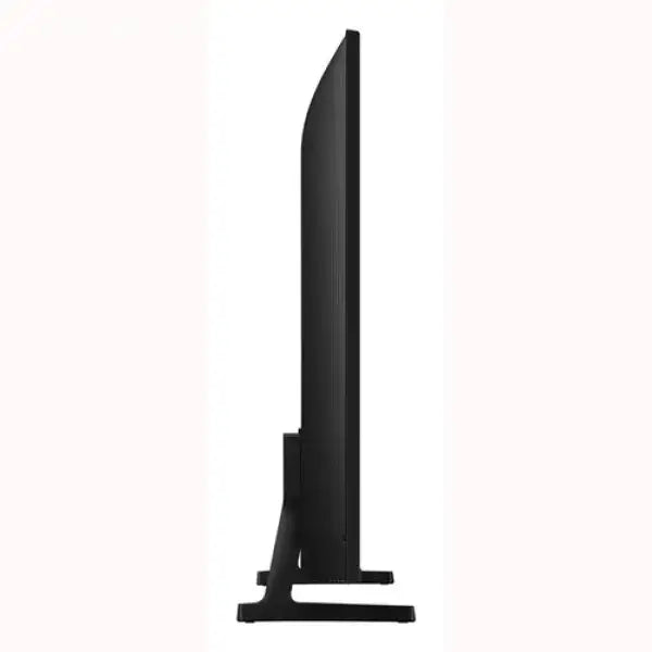 Profilo laterale sottile di samsung tv nero su piedistallo con gambe a V design slim