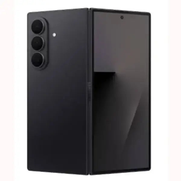 Samsung Z Fold 7 smartphone pieghevole nero opaco con tre fotocamere posteriori e display interno ampio