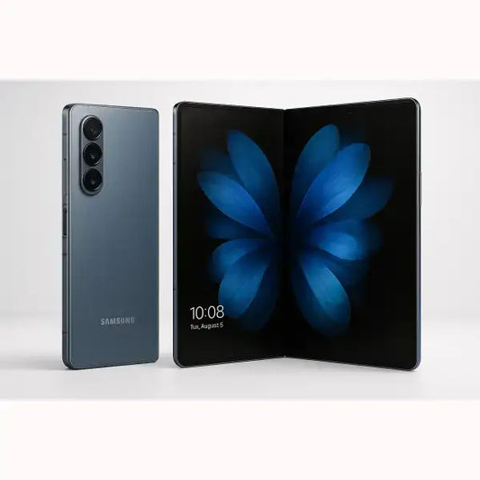 Samsung Z Fold 7 smartphone pieghevole grigio aperto con schermo interno a libro e retro con tripla fotocamera e sfondo blu